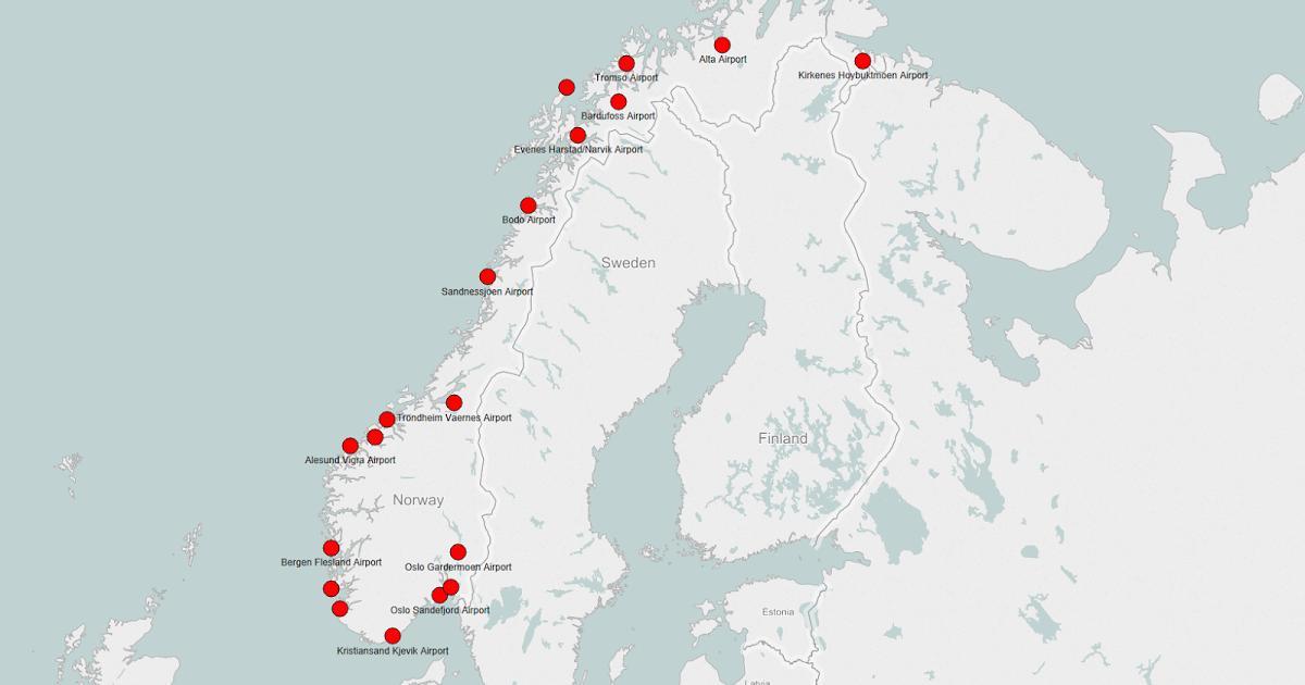 Χάρτης της Νορβηγίας αεροδρόμια