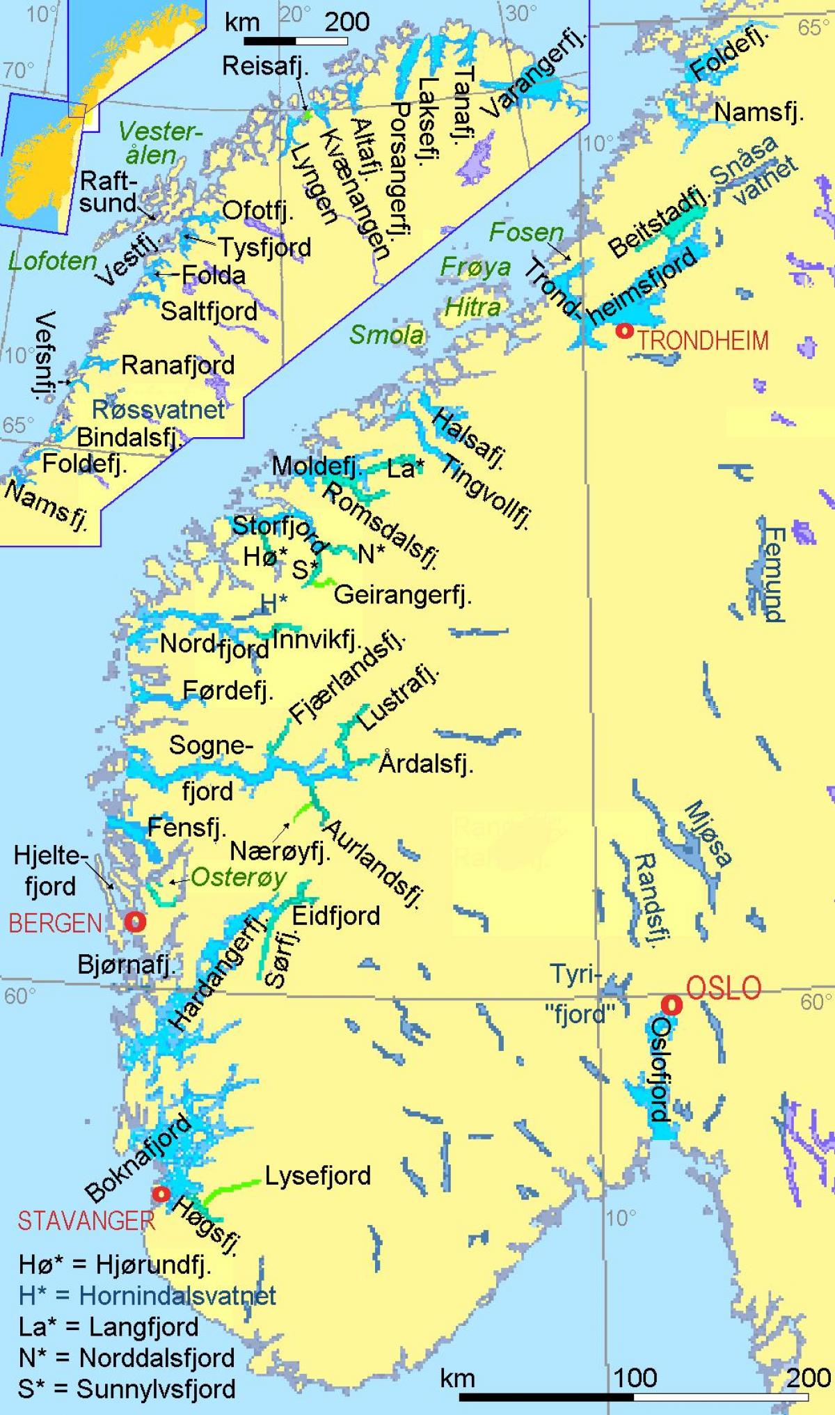 χάρτης της Νορβηγίας δείχνει φιόρδ
