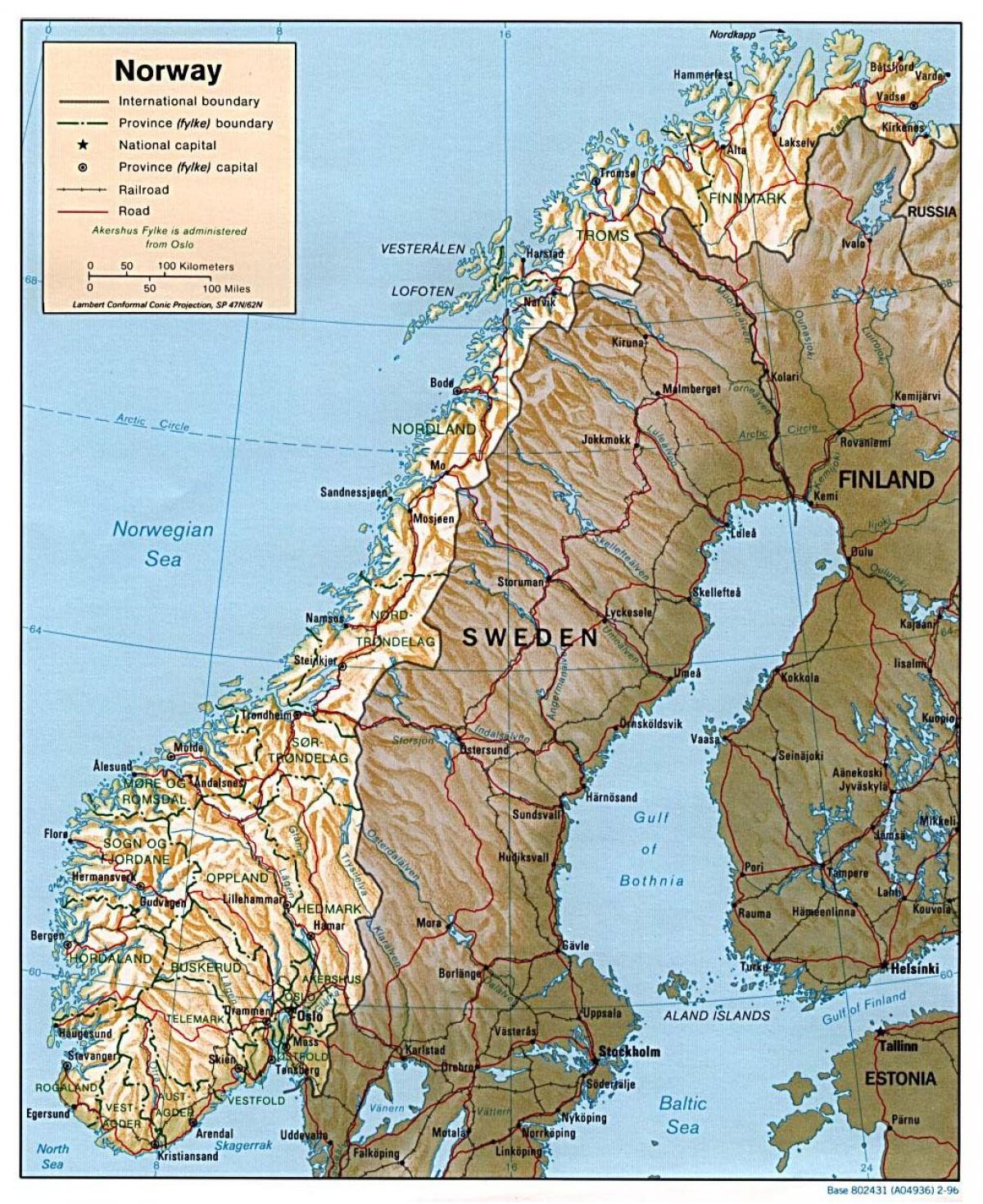 λεπτομερής χάρτης της Νορβηγίας με τις πόλεις